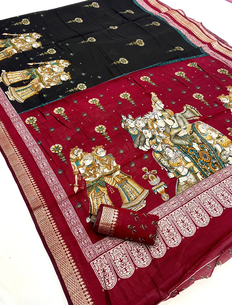 Premium Maheshwari Silk Saree with Kalamkari Printed Pallu and Zari Woven Border